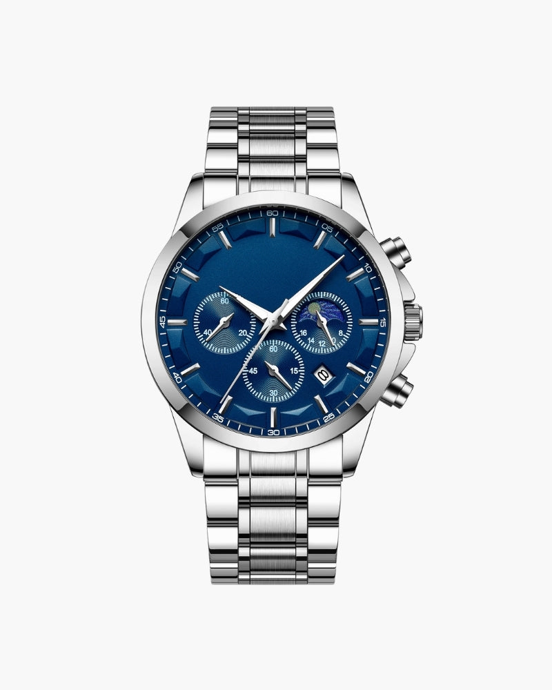 Silver steel chronograph watch with blue dial and three sub-dials, front view