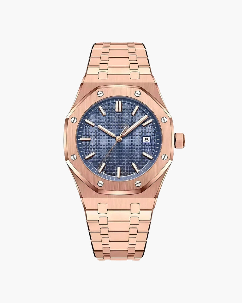 Roségoldene Stahluhr mit achteckiger verschraubter Lünette, blauem strukturiertem Zifferblatt und integriertem Armband, Vorderansicht