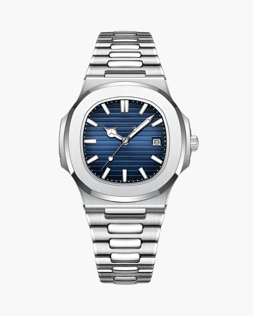 Montre à bracelet acier, cadran bleu texturé et guichet date, vue de face