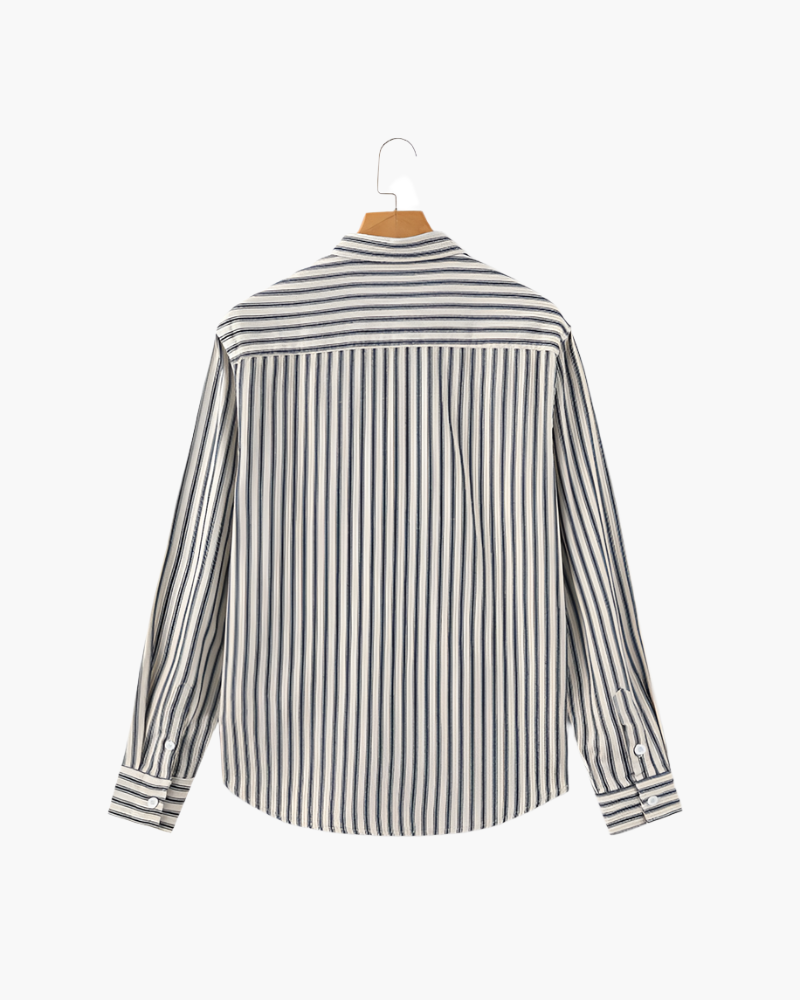 Navy and cream striped shirt, back view flat-lay on hanger – Men's Striped Shirt