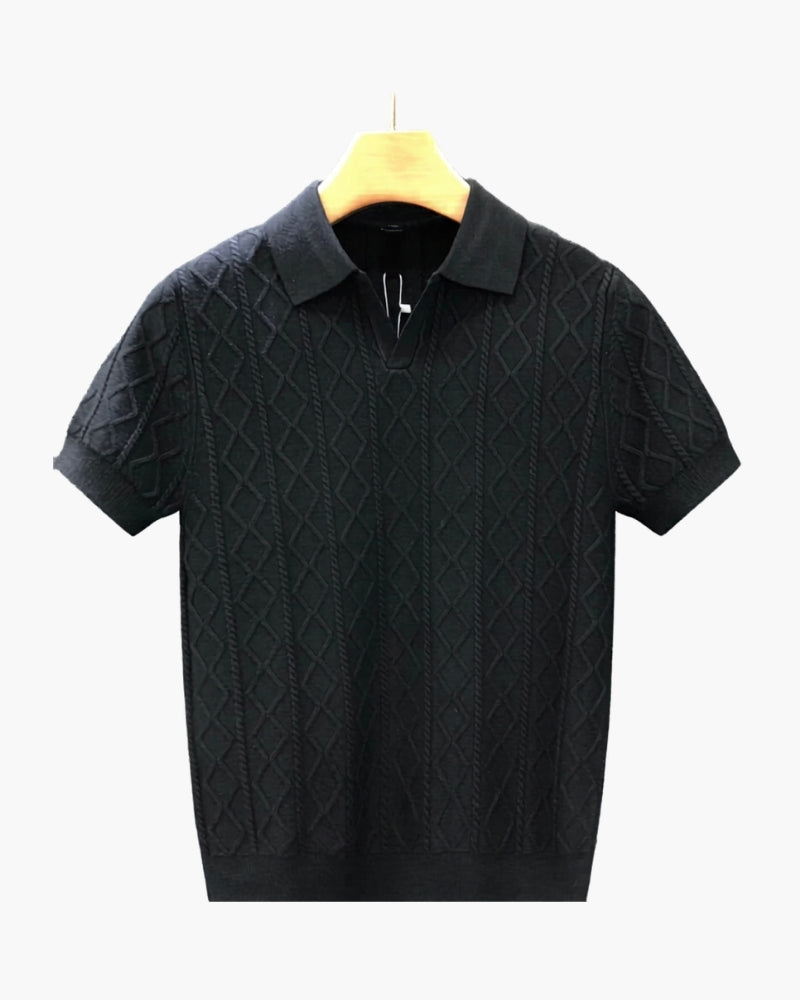 Black diamond-textured knit polo shirt on a wooden hanger, flat front view