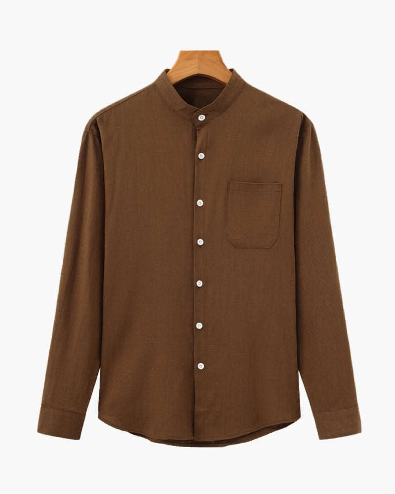Brown mandarin collar linen-look shirt with chest pocket, front flat-lay on hanger