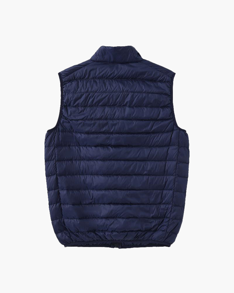 Back view of navy quilted lightweight puffer gilet with stand collar, flat-lay