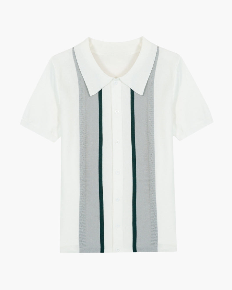 White knit polo with grey panels and dark green stripes, flat front view with long collar