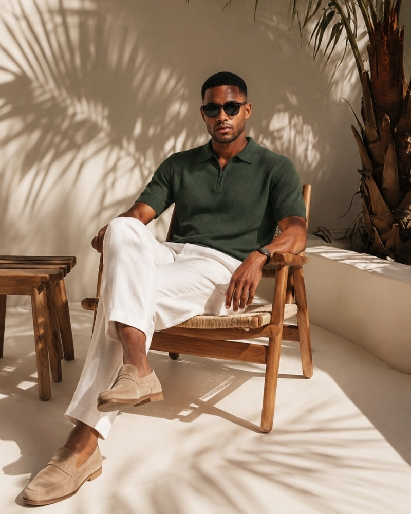 Man in sunglasses seated in a wooden chair wearing dark green zip polo and white trousers