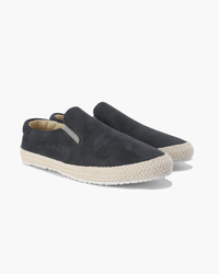 Charcoal suede slip-on shoes with elastic side panels and jute-wrapped sole, side view