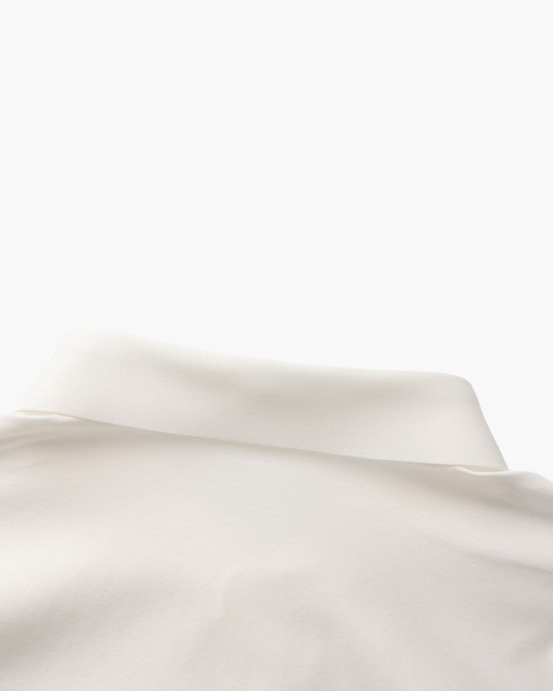 Close-up of white shirt back collar and yoke, men's stretch cotton shirt