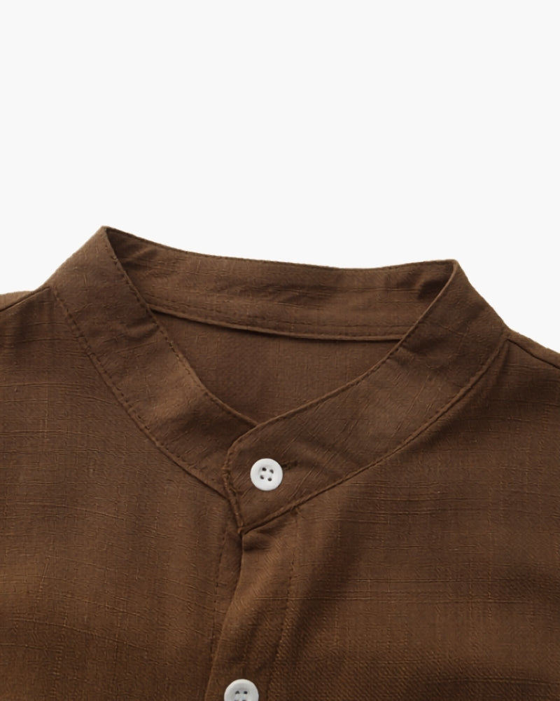 Close-up of brown shirt mandarin collar and white buttons – Men's Mandarin Collar Shirt
