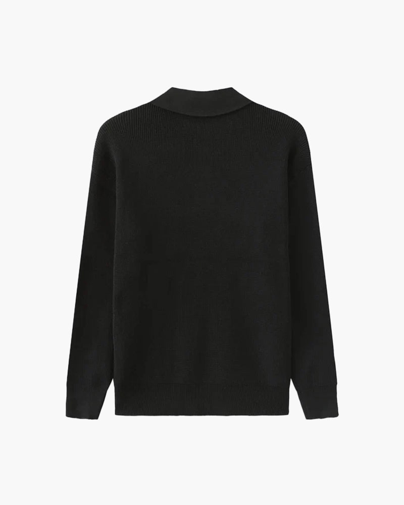 Black half-zip jumper, back view flat-lay – Men's Cotton Knit Half-Zip Polo-Collar Jumper