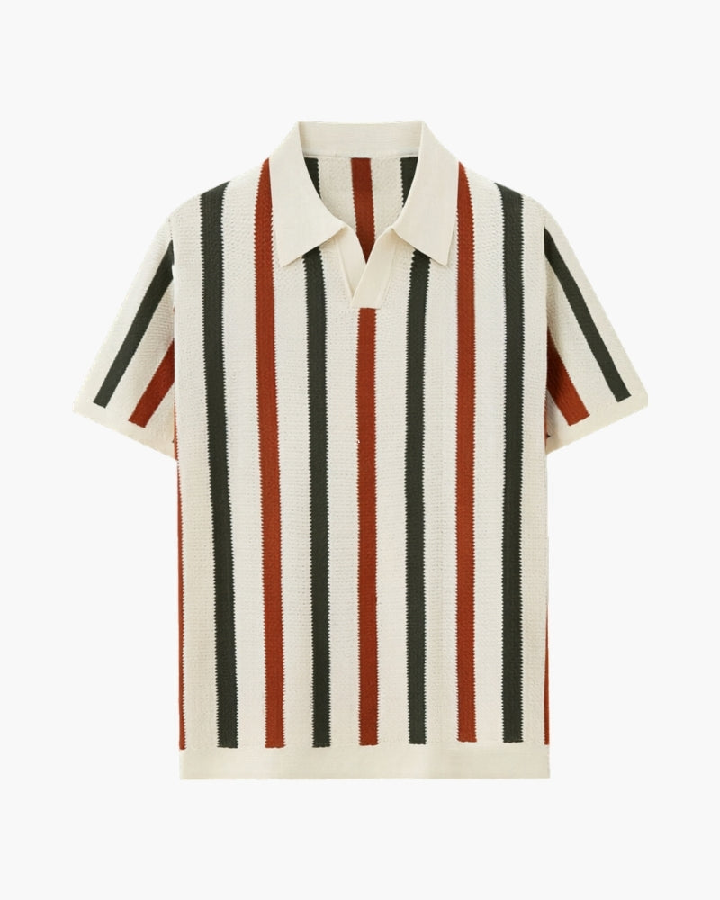 Cream open-knit polo with dark green and rust vertical stripes and Johnny collar, flat-lay front