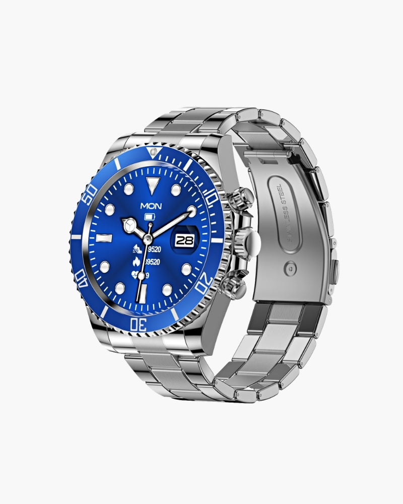 Diver-style watch with blue dial and bezel on full stainless steel bracelet, angled view