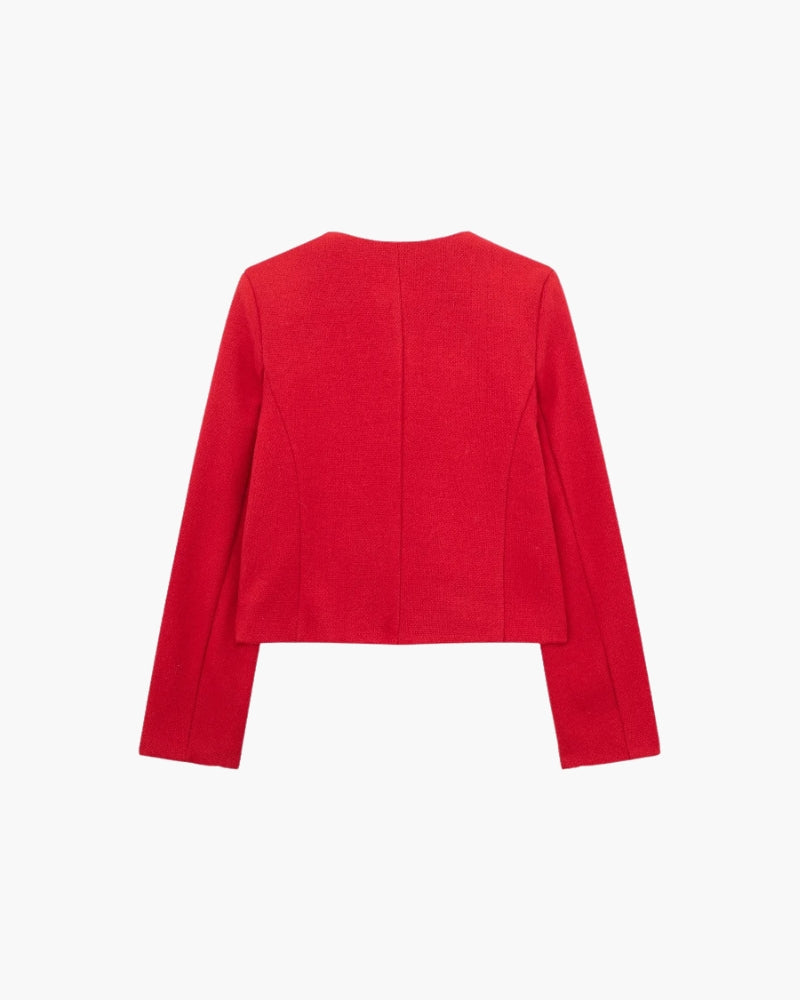 Back view of red collarless cropped tweed jacket with centre seam, flat-lay