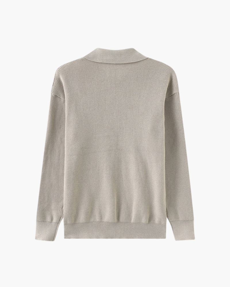 Stone grey half-zip jumper, back view flat-lay – Men's Cotton Knit Half-Zip Polo-Collar Jumper