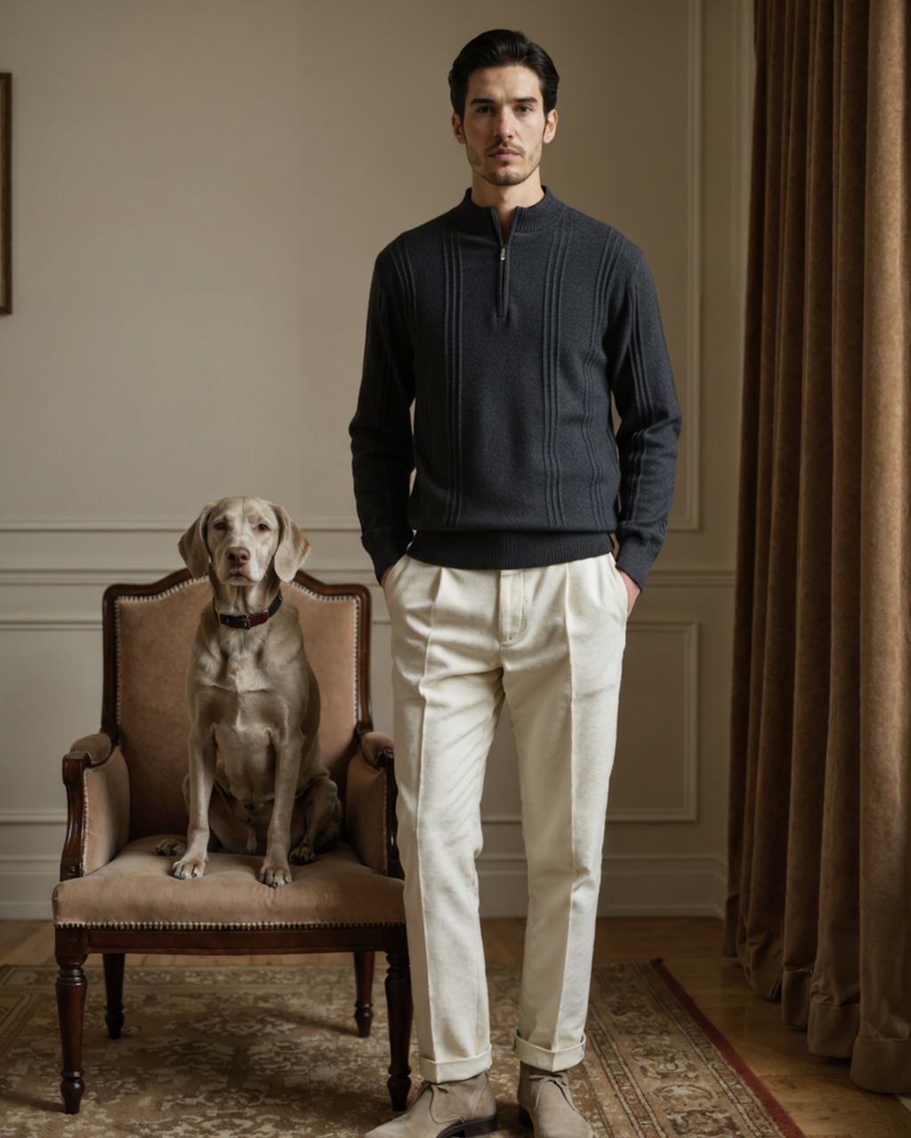 Man in a dark navy-grey cashmere half-zip jumper and cream trousers standing beside a dog on a chair