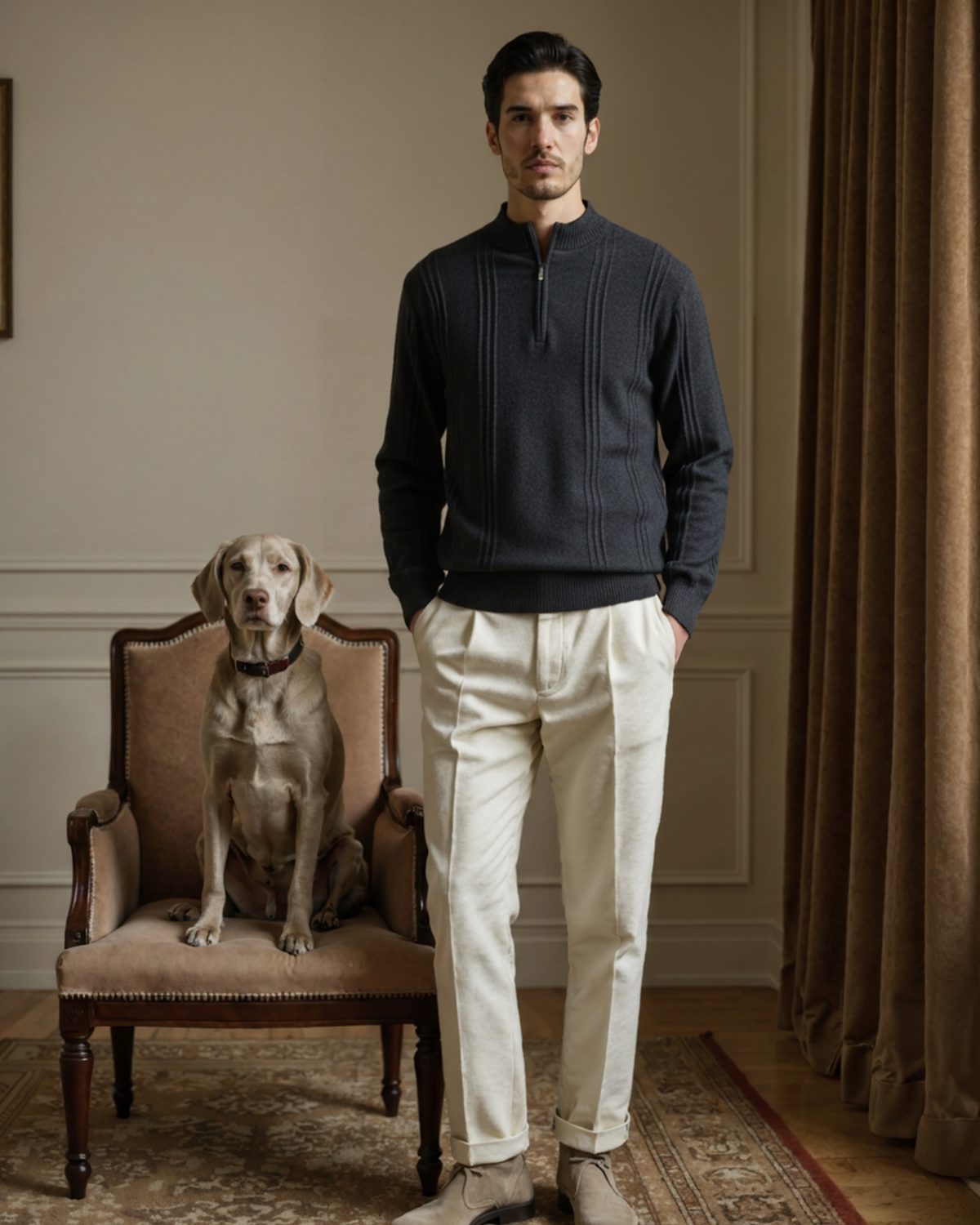 Man in a dark navy-grey cashmere half-zip jumper and cream trousers standing beside a dog on a chair