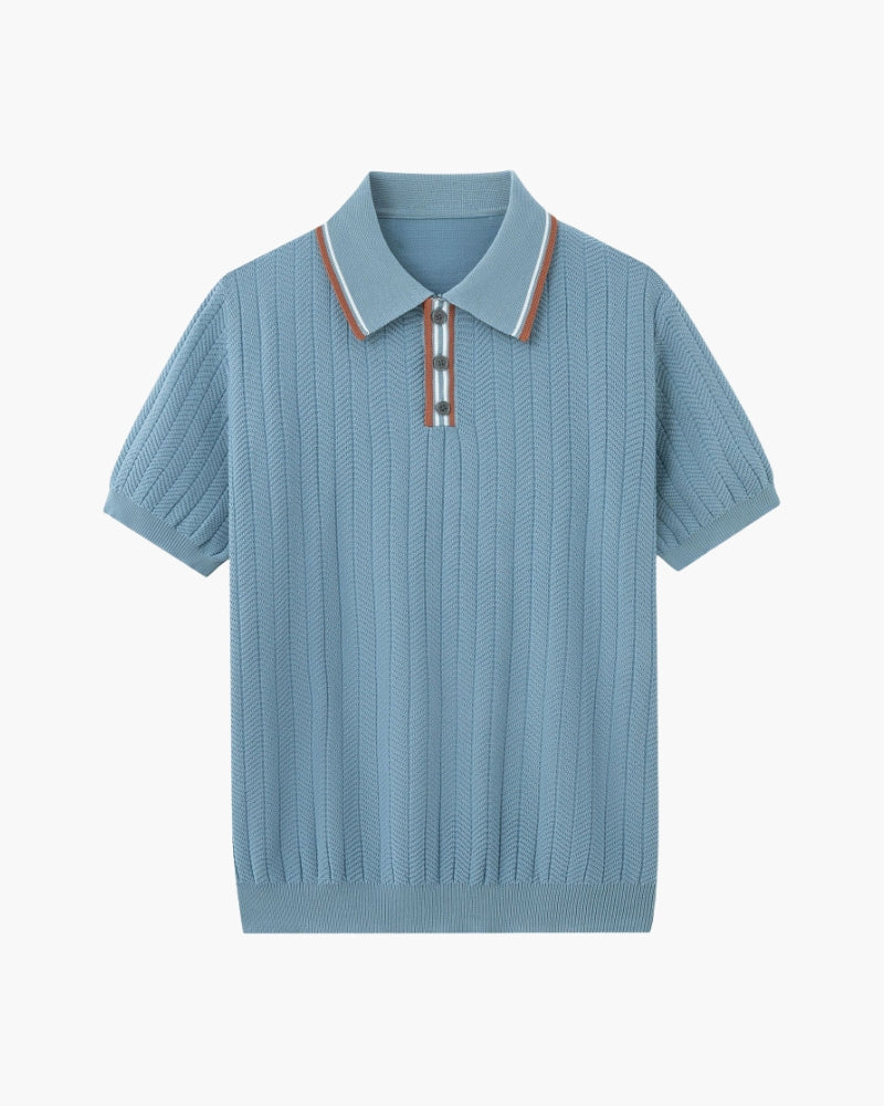 Light blue ribbed knit polo with striped collar and button placket, flat front view