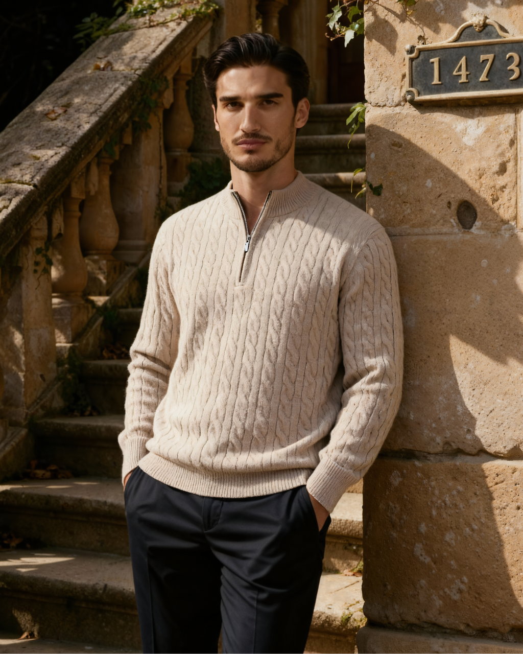 Man in a beige cable-knit cashmere half-zip jumper beside old stone steps, front view