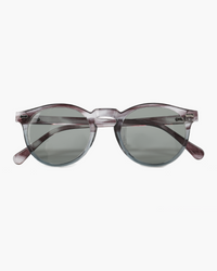 Round sunglasses with translucent grey frame and green-grey tinted lenses, front view