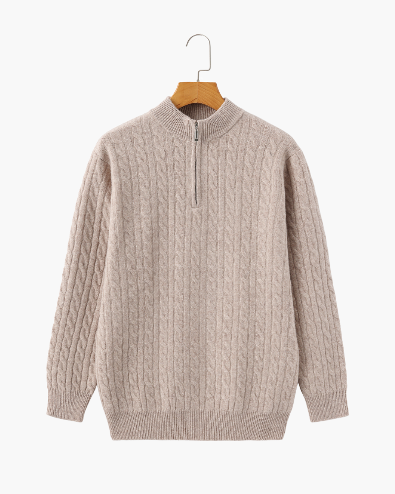 Beige cable-knit cashmere half-zip jumper with ribbed trims on a hanger, front view