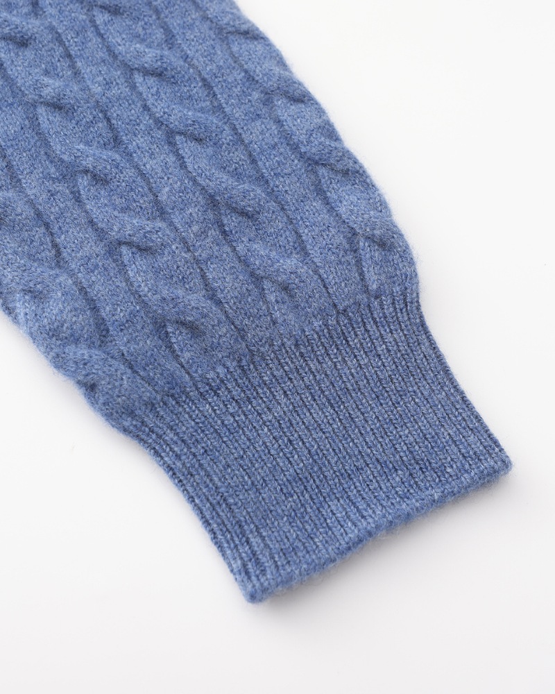 Close-up of blue cable-knit jumper sleeve with ribbed cuff, Premium Blue outfit set