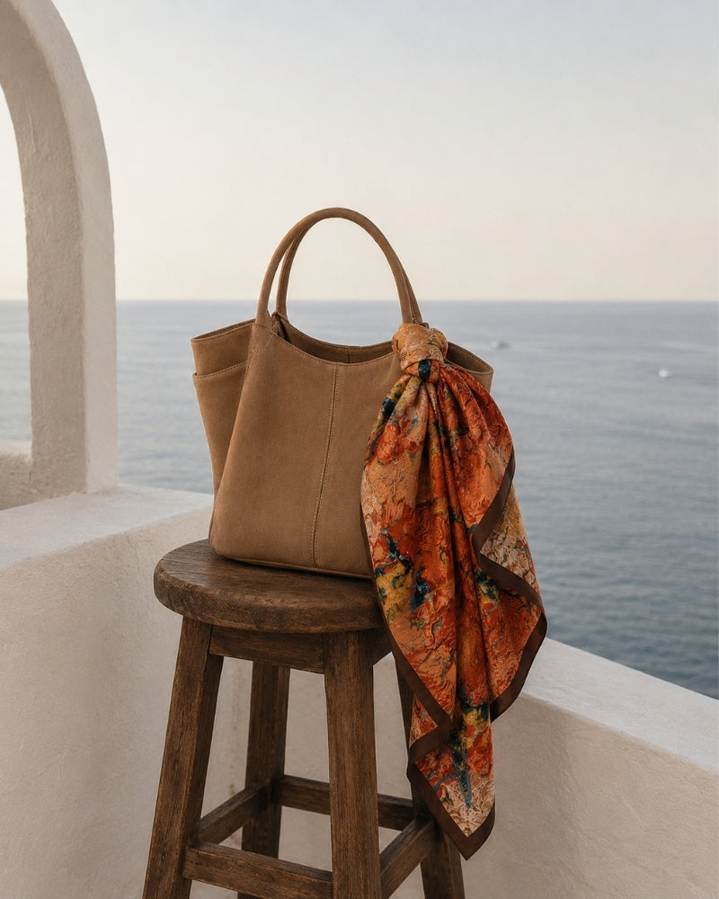 Orange floral scarf tied to a tan leather handbag on a stool by the sea