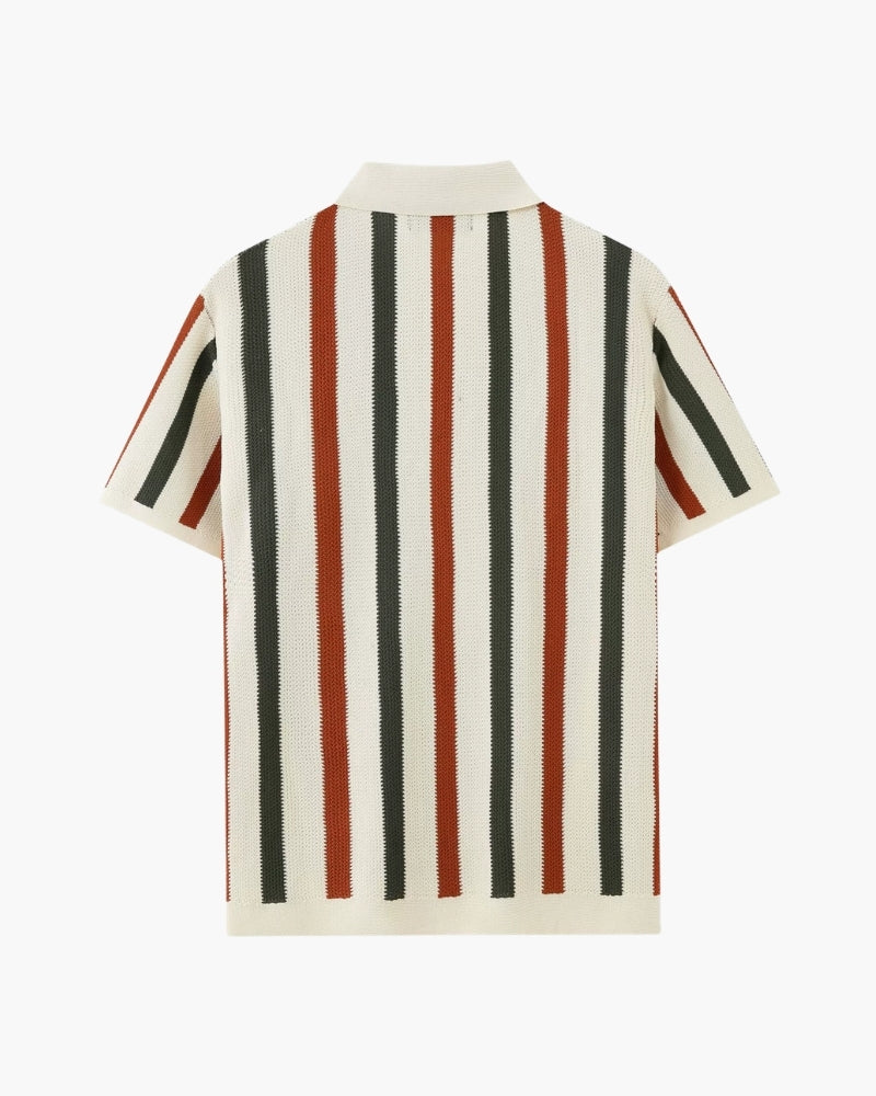 Back view of cream open-knit polo with dark green and rust vertical stripes, flat-lay