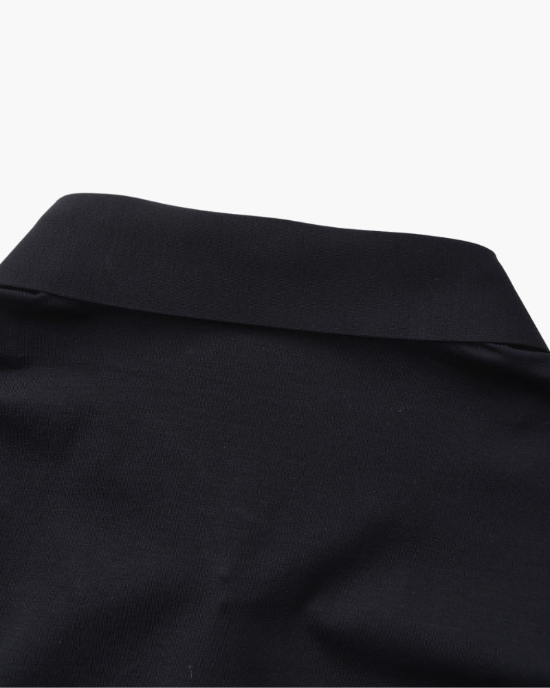 Close-up of navy shirt back collar and yoke, men's stretch cotton shirt