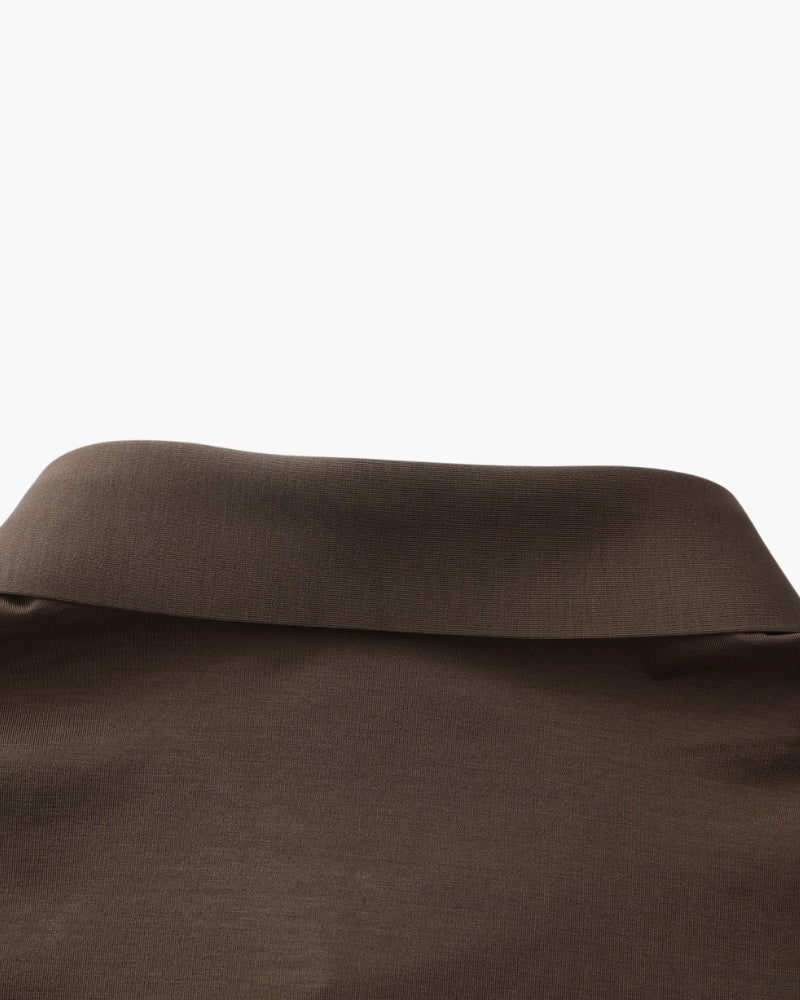 Close-up of dark brown shirt back collar and yoke, men's stretch cotton shirt