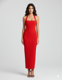 Woman wearing red halter neck maxi dress with square neckline and black heeled sandals