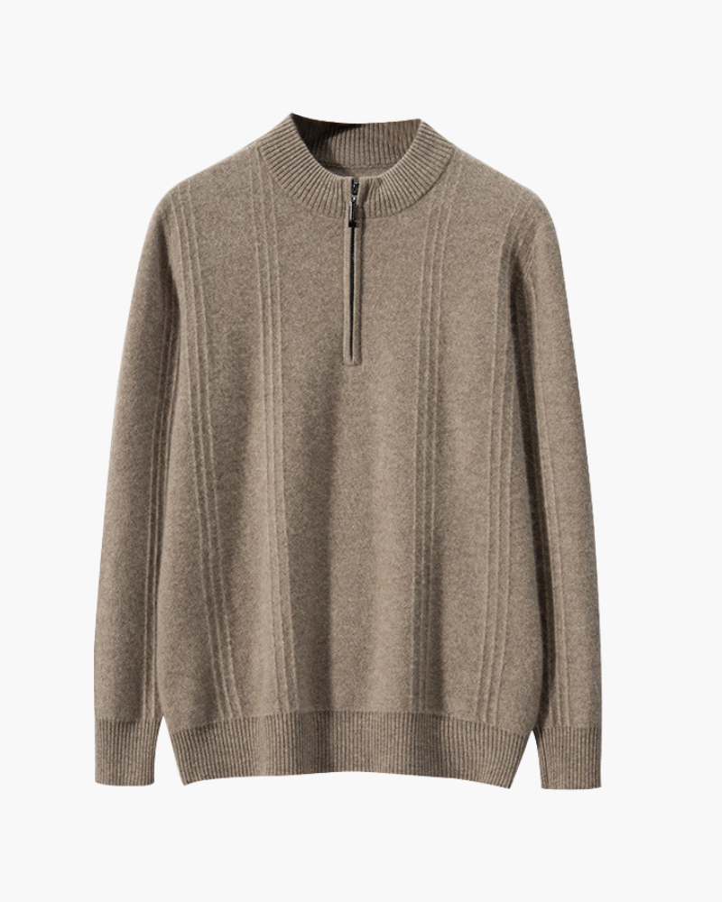 Taupe cashmere half-zip jumper with ribbed panels and cuffs, flat front view