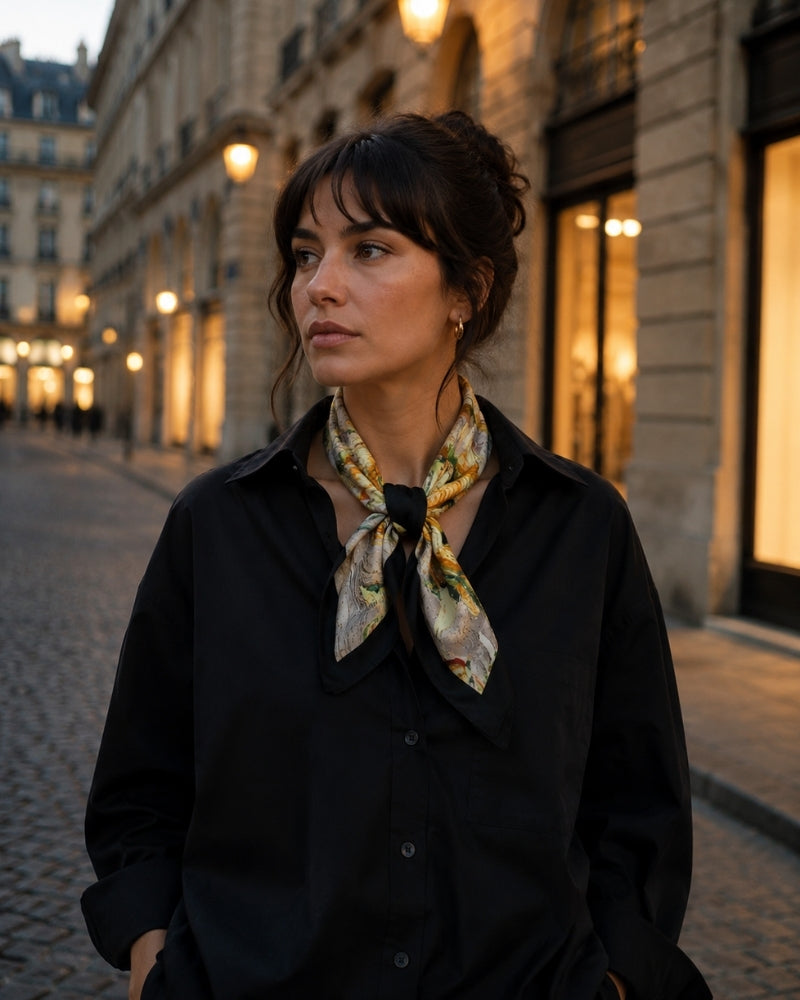 Woman in black shirt wearing yellow floral painterly scarf knotted at the neck, evening street