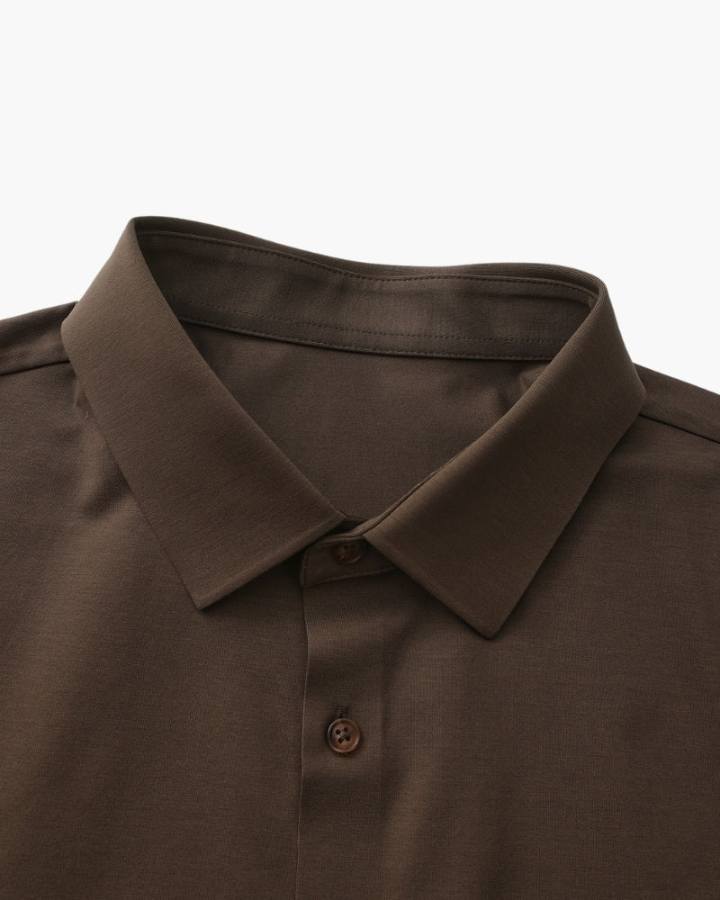 Close-up of dark brown shirt collar and horn-effect buttons, men's stretch cotton shirt