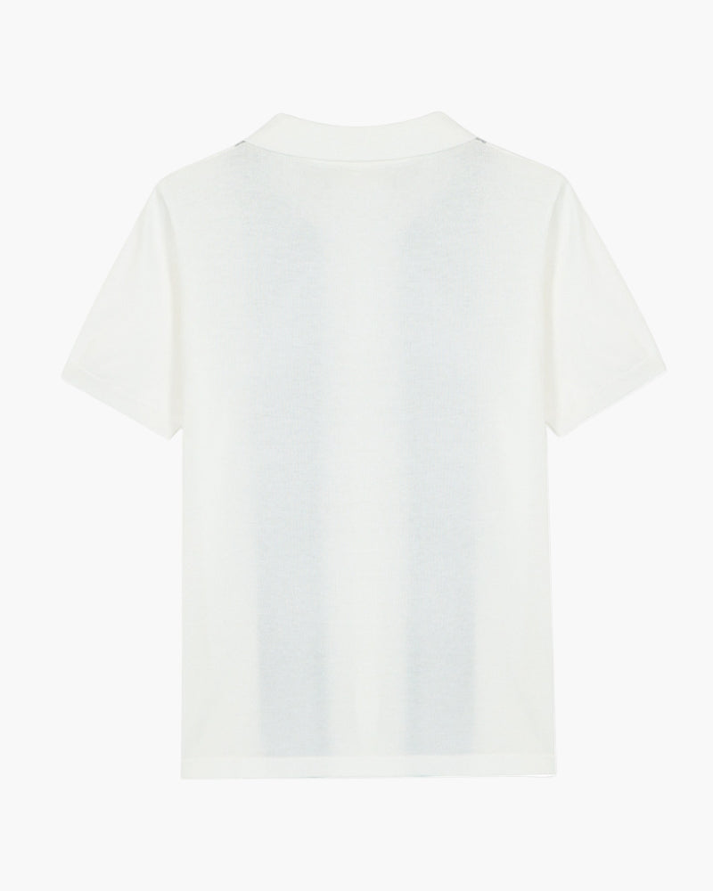 Back of a white knit polo with faint grey panel show-through, flat on white