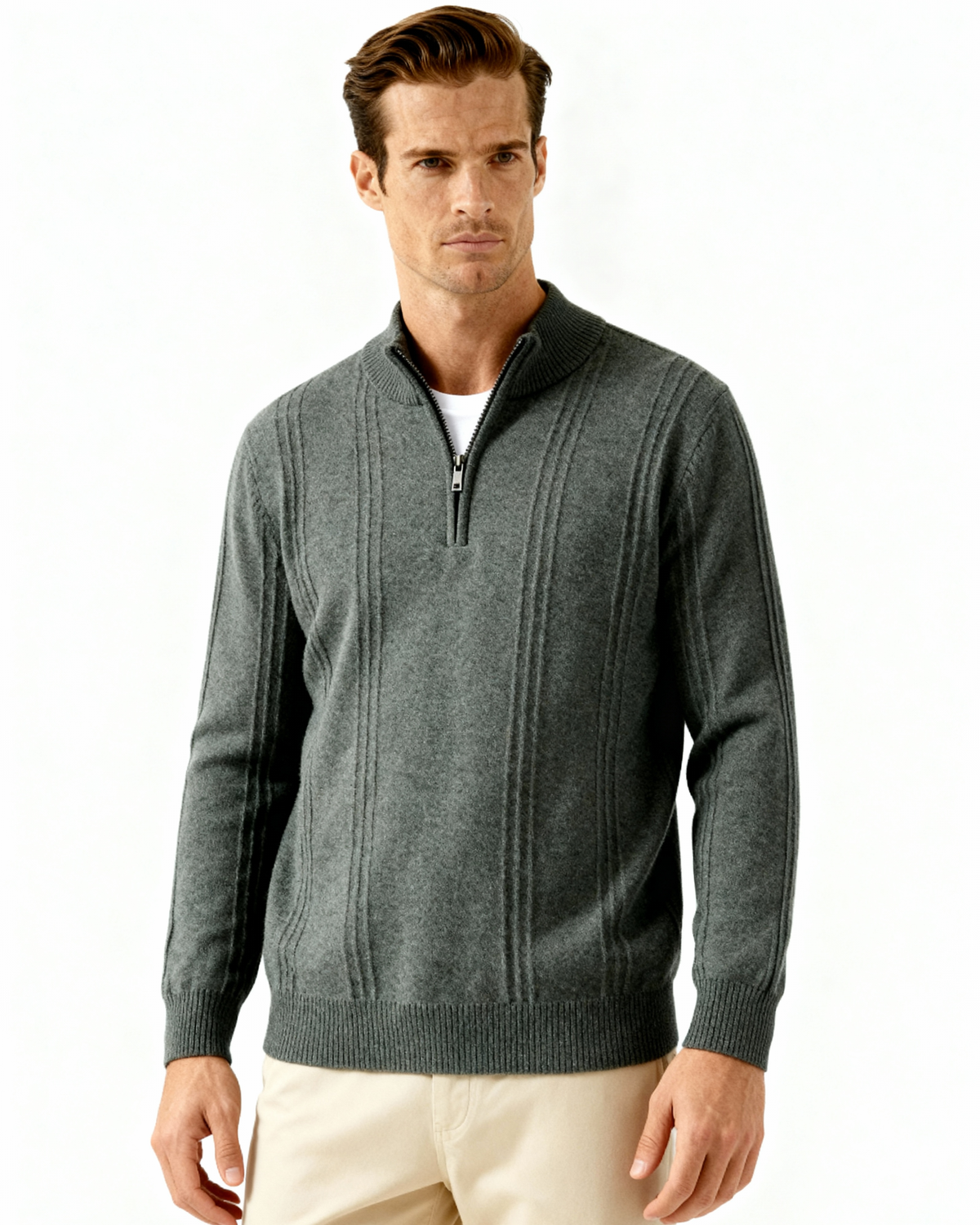 Man in an olive green cashmere half-zip jumper with a white tee underneath, front view