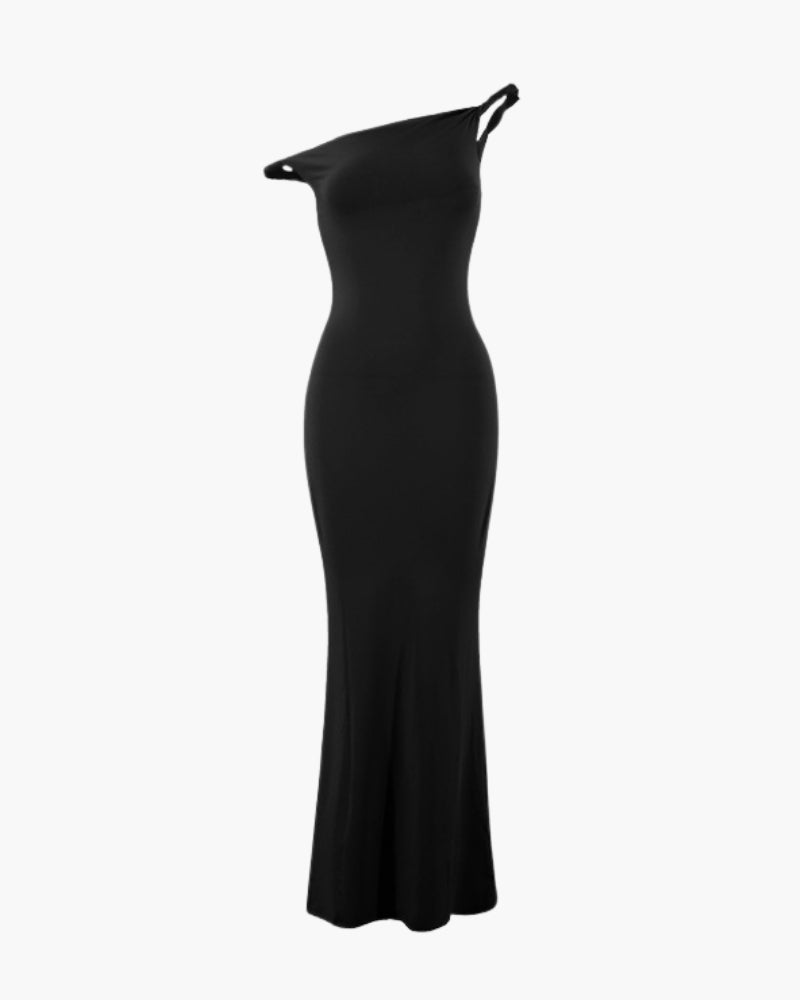Black fitted maxi dress with one twisted strap and a flared hem, flat front view