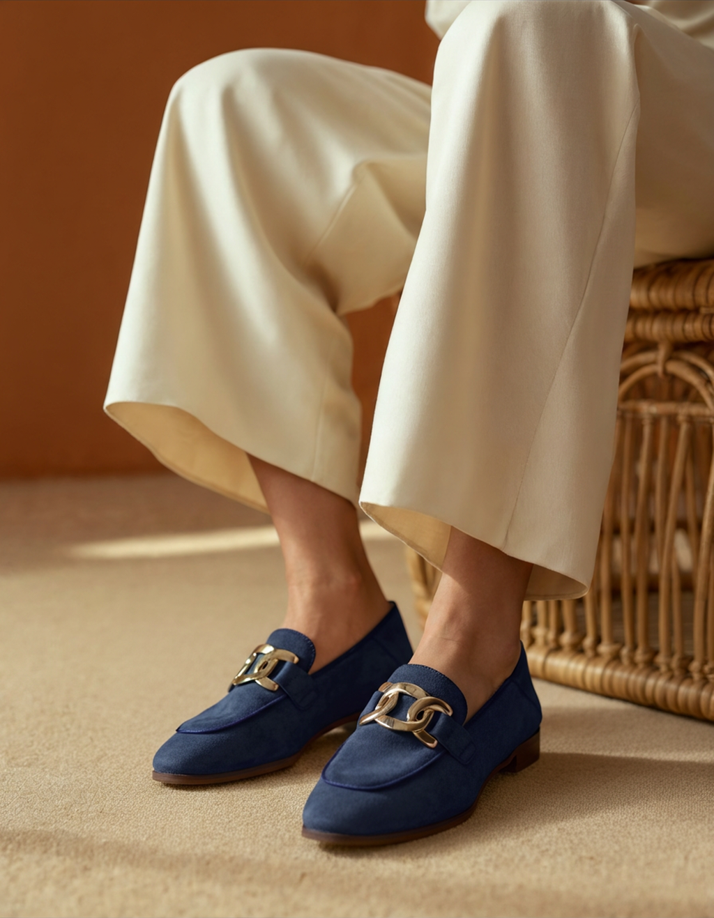 Pair of navy suede loafers with gold chain on-model, seated in cream wide-leg trousers