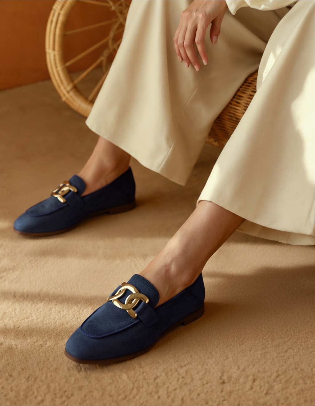 Navy suede loafers with gold chain on-model, side angle, worn with cream trousers on a rattan chair