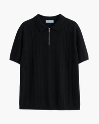 Black vertical-ribbed knit polo with metal quarter zip, flat-lay front view
