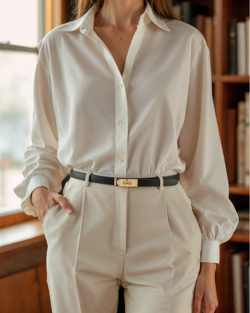 Black slim belt with gold-tone turn-lock buckle, worn over cream trousers and a white blouse