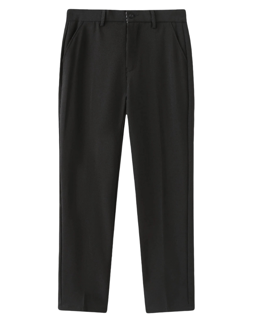 Black tapered trousers with belt loops and side pockets, flat front view