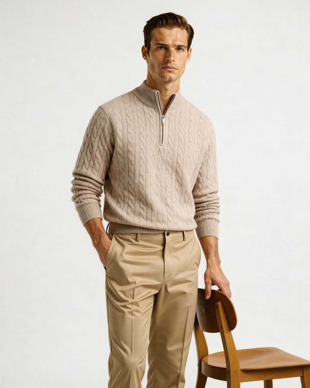 Front view of a beige cable-knit cashmere half-zip jumper with khaki trousers, on model