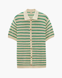 Cream open-knit short-sleeve shirt with green horizontal stripes and wood buttons, flat-lay