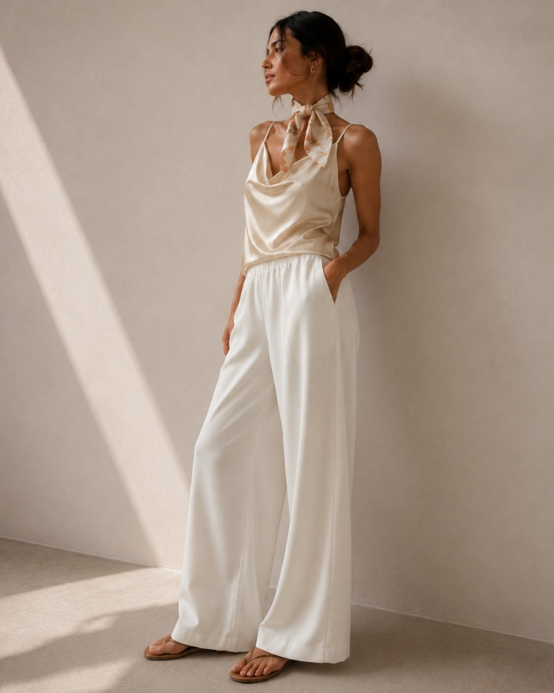 Femme en pantalon large blanc, caraco en satin champagne à col bénitier et foulard en soie au cou, vue de profil