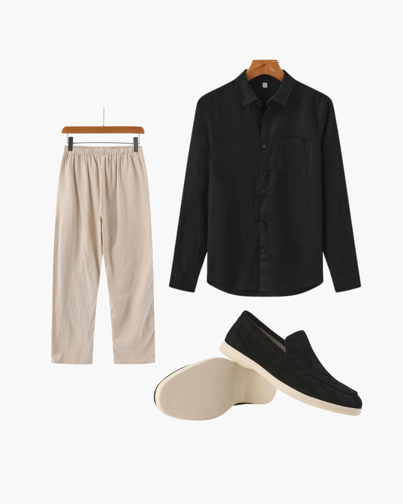 Lookbook flat-lay: black long-sleeve linen shirt, beige drawstring trousers and black suede loafers