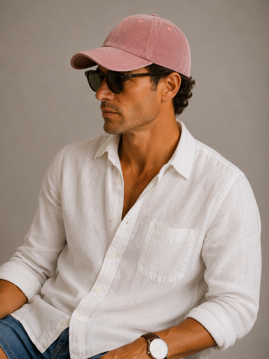 Man in a rose pink corduroy cap and sunglasses with a white linen shirt, side profile