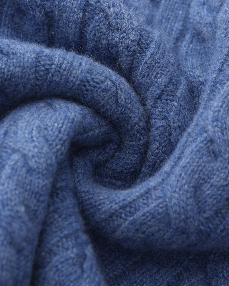 Close-up of swirled blue cable-knit fabric, Premium Blue outfit set