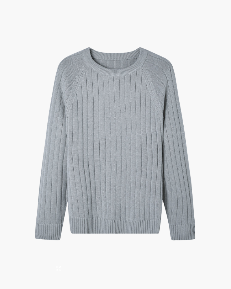 Blue-grey ribbed crewneck wool jumper with raglan sleeves, flat front view