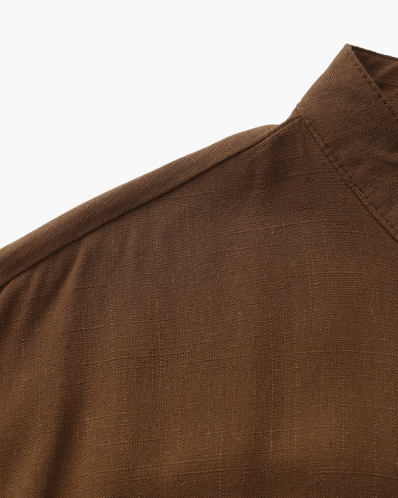 Close-up of brown shirt shoulder seam and collar – Men's Mandarin Collar Shirt