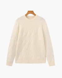 Cream diamond-knit crewneck jumper with ribbed trims on a hanger, front view