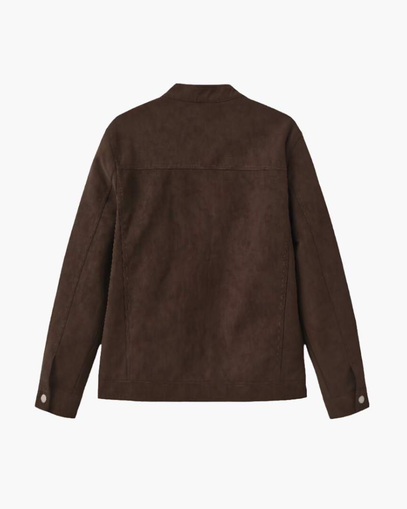 Brown suede-look jacket back view with snap-button cuffs, flat-lay